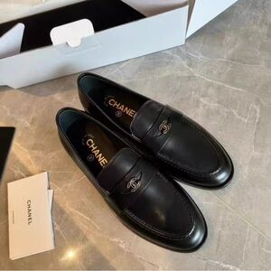 CHANEL Black Leather Slip-On Loafers